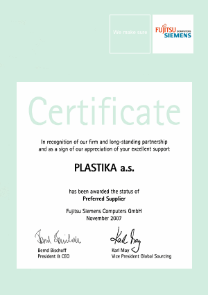 Certifikát Fujitsu Siemens Preferred Supplier